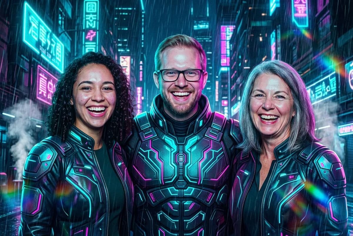 KI-Fotobox Stil Cyberpunk: Nachher-Beispiel, KI-generiert