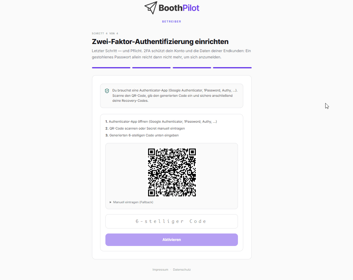 Zwei-Faktor-Anmeldung in BoothPilot koppeln: QR-Code scannen und Code eingeben