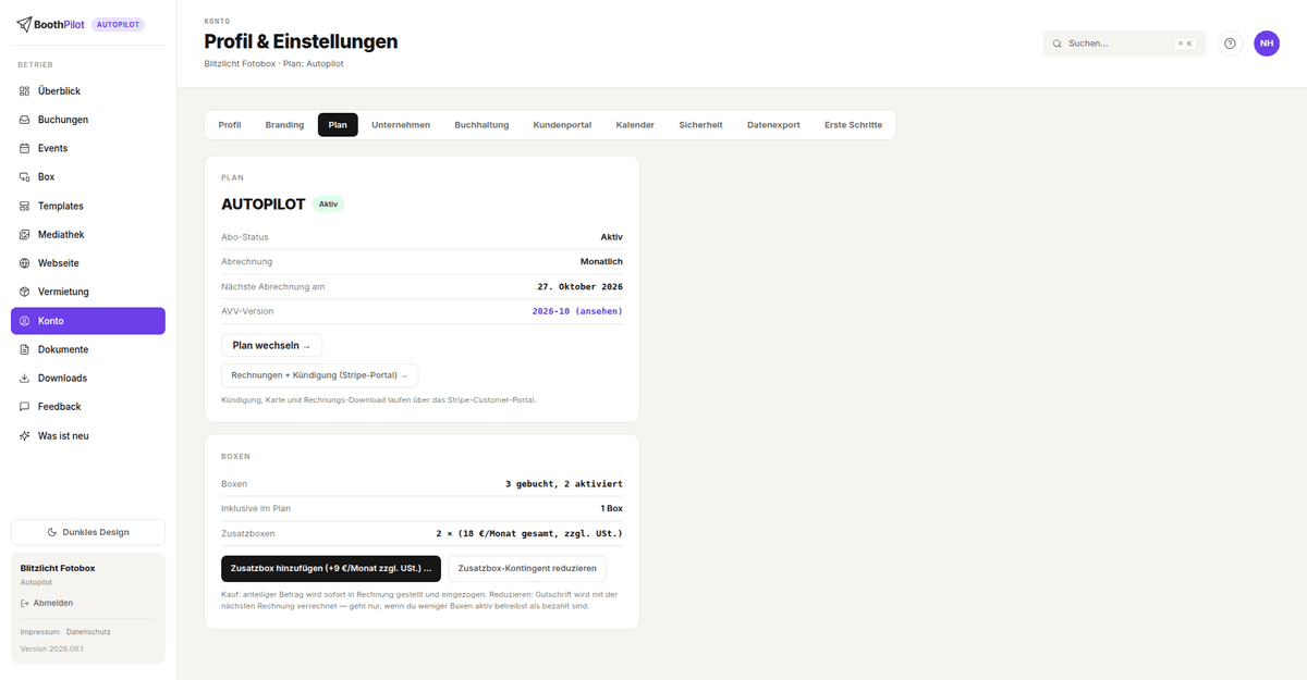 Konto → Plan: aktiver Plan mit Abo-Status, Abrechnungsrhythmus, nächster Abrechnung und AVV-Version, darunter „Plan wechseln“, das Stripe-Portal und die Karte Boxen