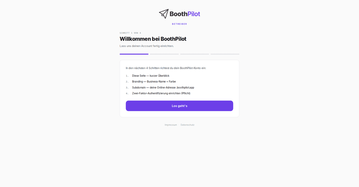Der Onboarding-Assistent, Schritt 1 von 4: Willkommen mit der Liste der vier Schritte