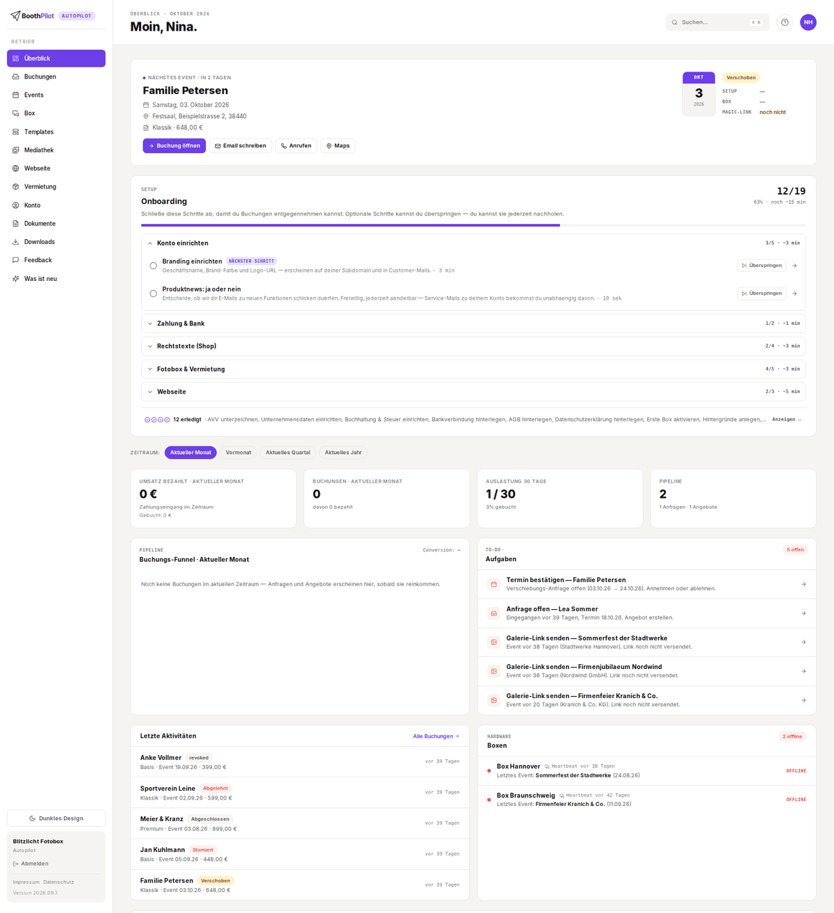 Das BoothPilot-Dashboard mit Kennzahlen, nächstem Event und offenen Aufgaben