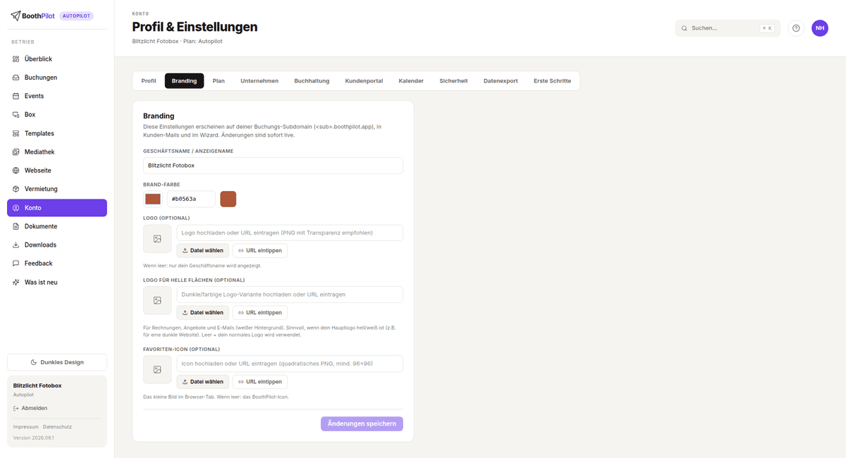 Konto → Branding: Geschäftsname, Brand-Farbe, Logo, Logo für helle Flächen und Favoriten-Icon