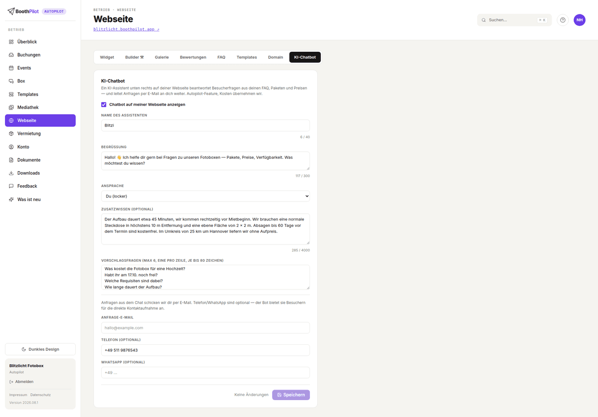 Webseite → KI-Chatbot: Anzeigen-Schalter, Name, Begrüßung, Ansprache, Zusatzwissen und Vorschlagsfragen