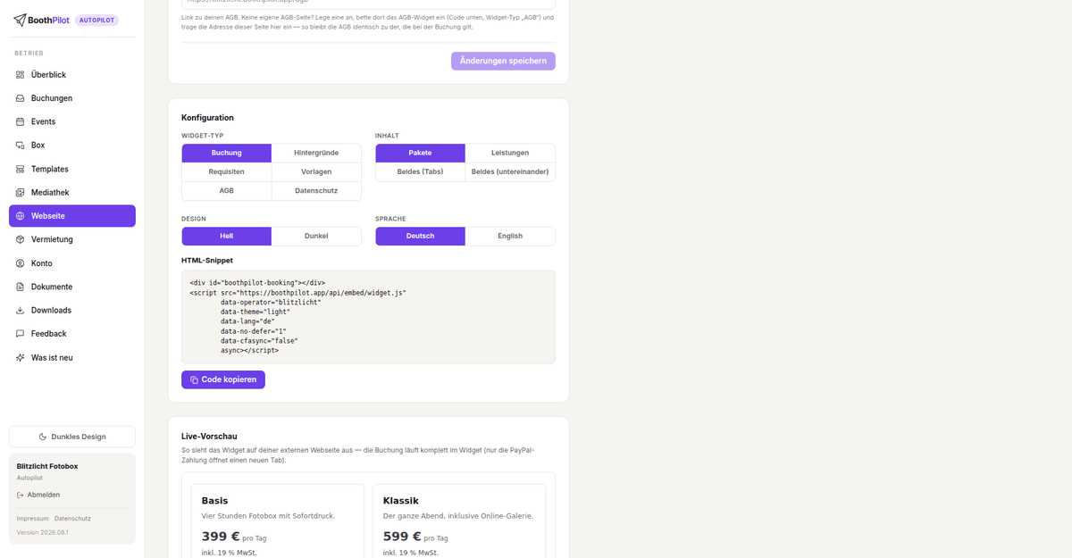 Webseite → Widget, Konfiguration: Widget-Typ, Inhalt, Design und Sprache, darunter der Einbettungs-Code mit „Code kopieren“