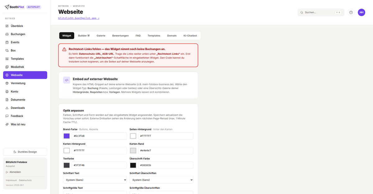 Webseite → Widget: oben der rote Hinweis mit den fehlenden Rechtstext-Links, darunter die Optik-Einstellungen