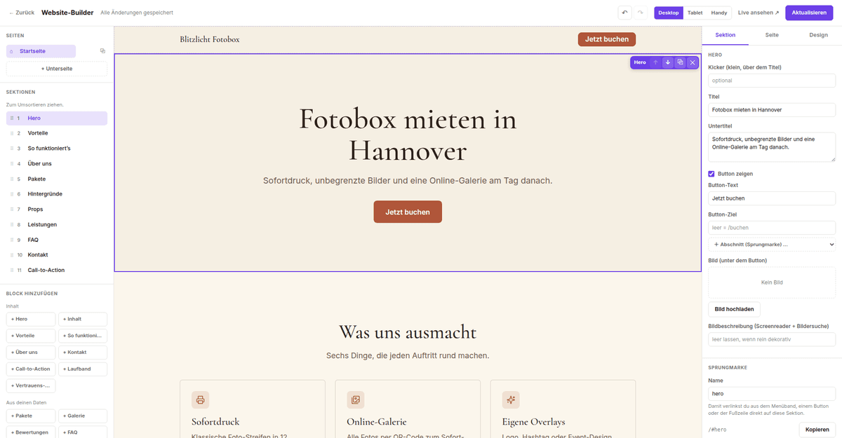 Der Website-Builder: links Seiten und Abschnitte, in der Mitte die Vorschau, rechts die Einstellungen zum angeklickten Element