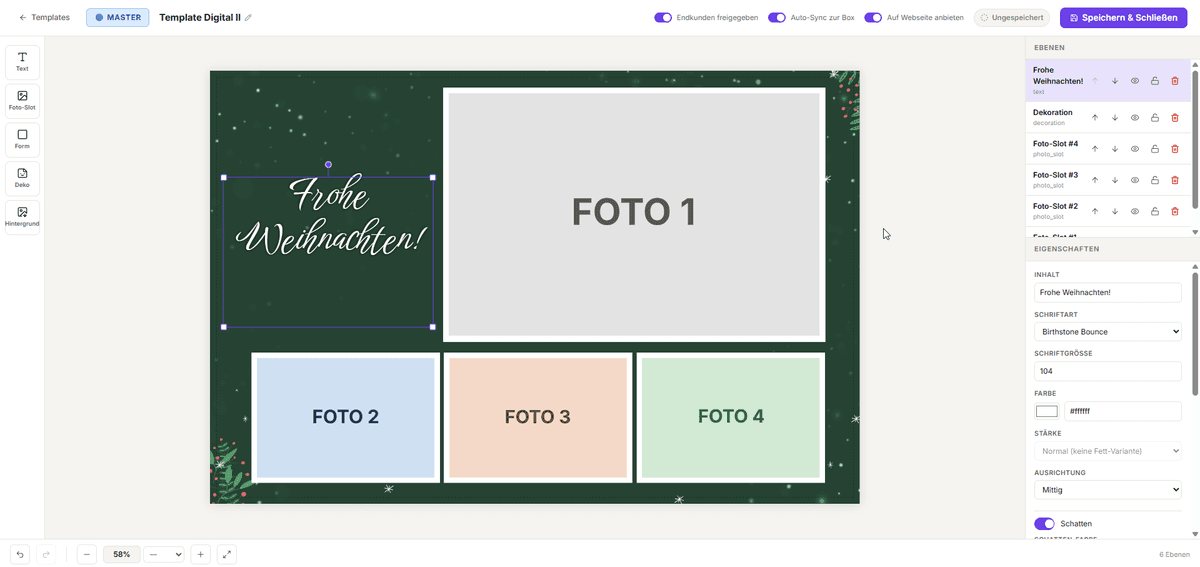 Der Vorlagen-Editor von BoothPilot mit Foto-Feldern, Texten und Deko