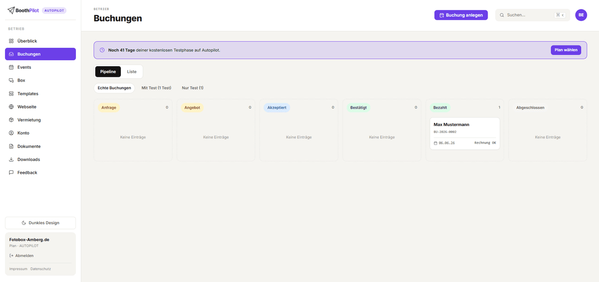 Buchungen als Kanban-Brett im BoothPilot-Dashboard