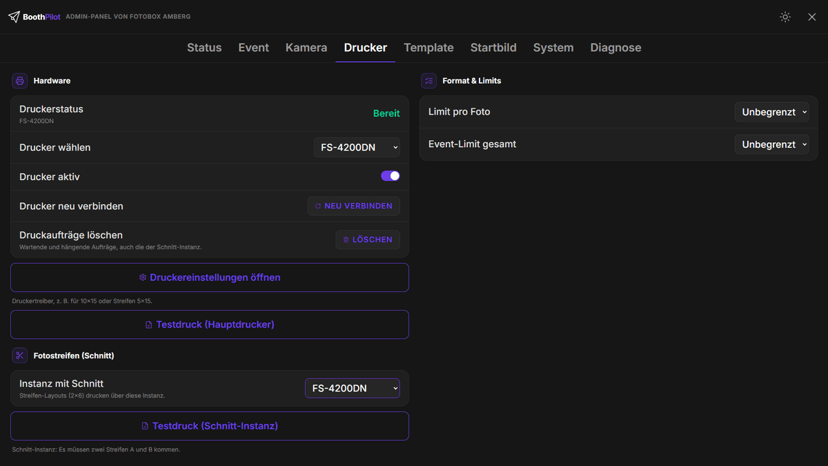 Drucker-Tab im Admin-Panel mit Status Bereit