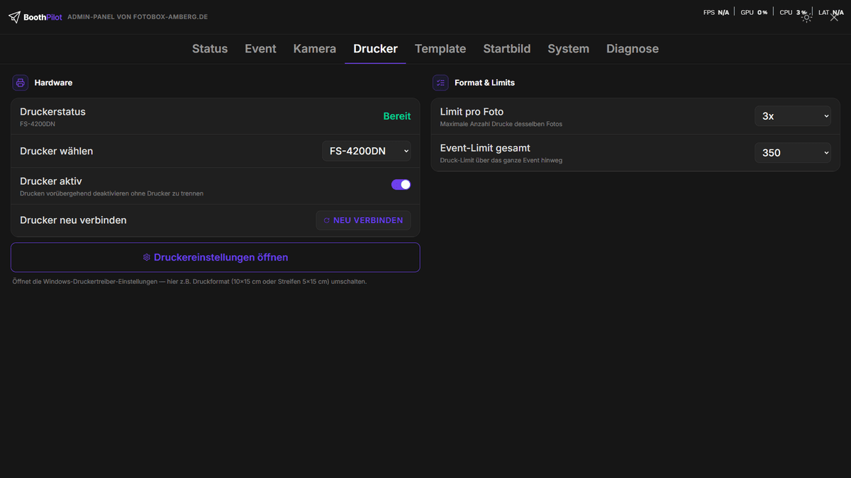Drucker-Tab im Admin-Panel mit Status Bereit
