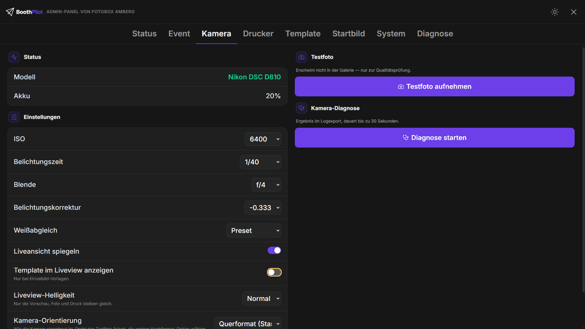 Kamera-Tab im Admin-Panel mit erkanntem Modell und Akkustand