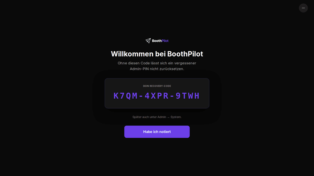 Die Box zeigt den 12-stelligen Recovery-Code zum Sichern