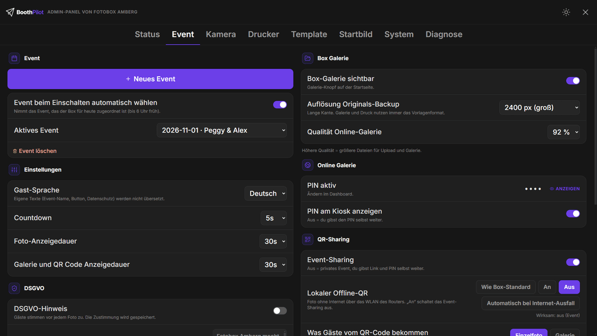 Event-Tab des Admin-Panels: aktives Event, Gast-Sprache, Box-Galerie, PIN am Kiosk und QR-Sharing