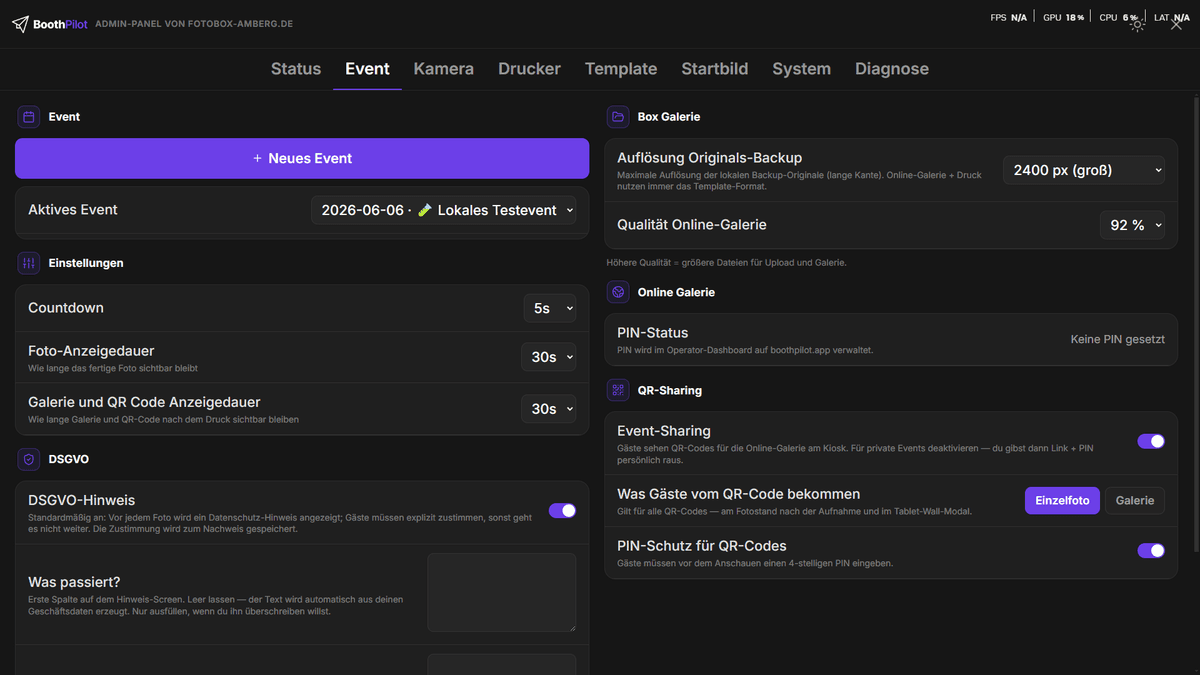 Event-Tab des Admin-Panels mit aktivem Event und QR-Sharing