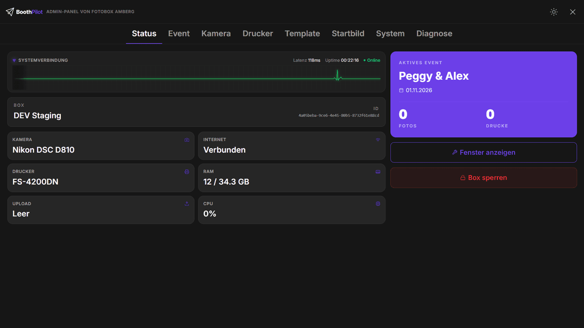 Status-Tab des BoothPilot-Admin-Panels an der Box