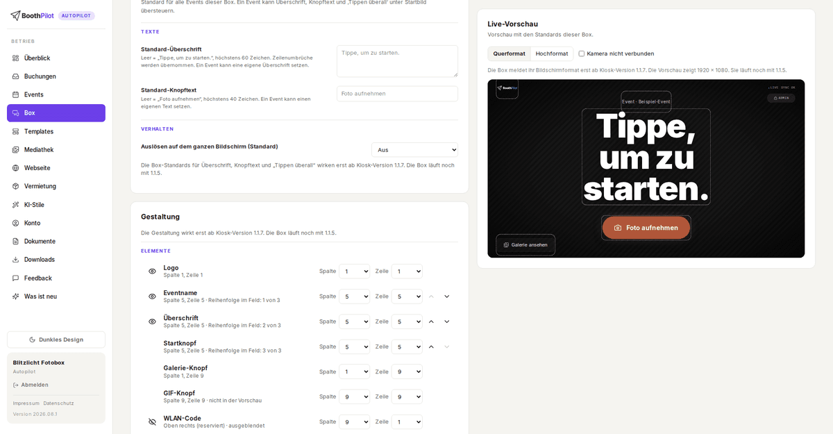 Box-Detail, Tab Konfiguration: links die Karten Box-Konfiguration, Offline-QR, Startbild, Gestaltung und Hintergrund, rechts die Live-Vorschau der Startseite