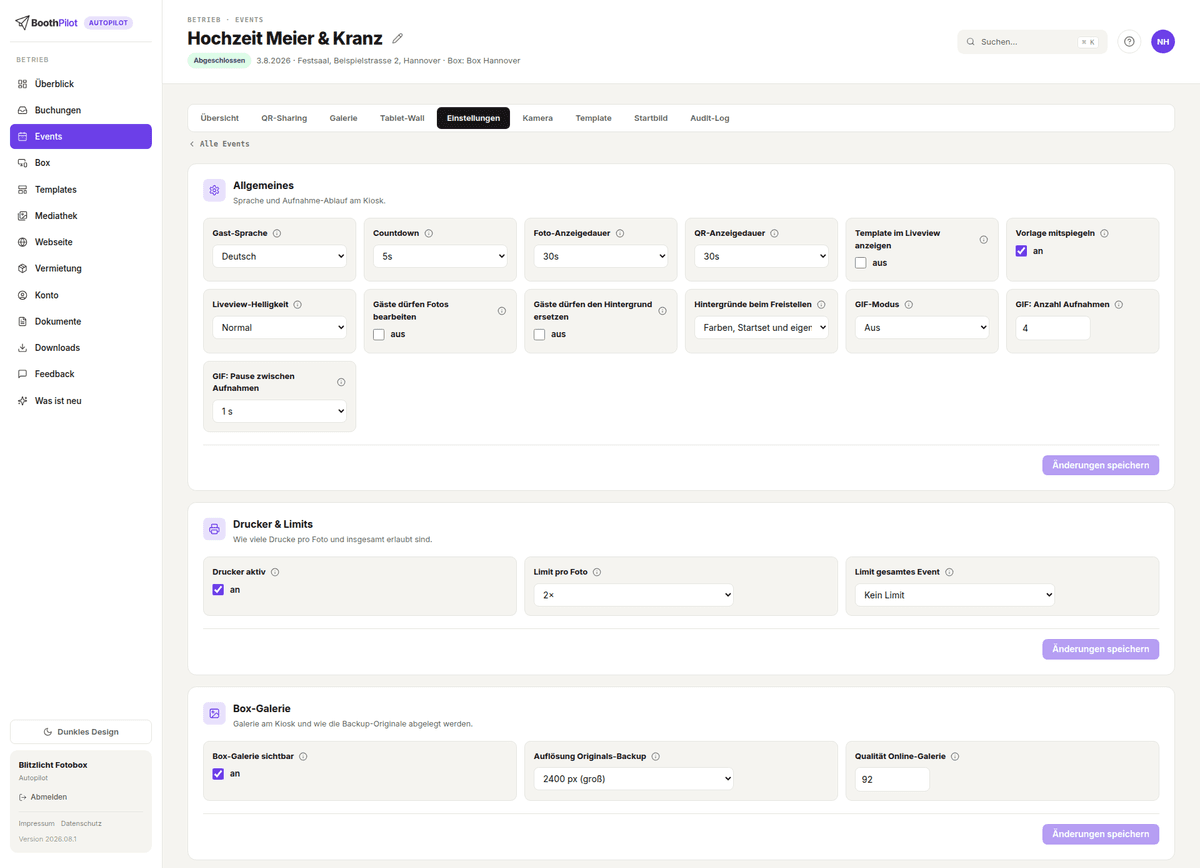 Event-Detail, Tab Einstellungen: Allgemeines, Drucker & Limits und Box-Galerie