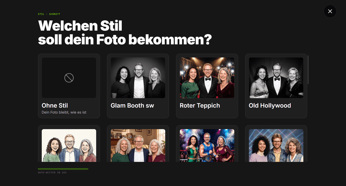 Stilwahl an der Box: „Ohne Stil“ und die angebotenen KI-Stile als Kacheln