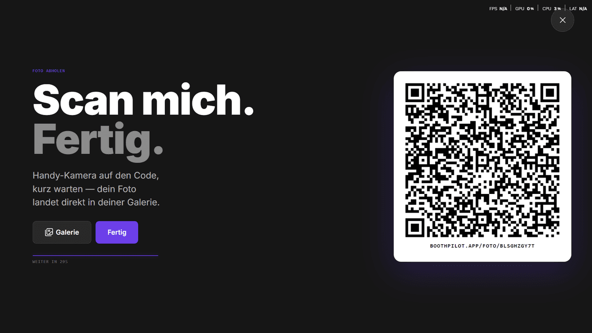 Teilen-Bildschirm der Fotobox mit QR-Code zur Galerie